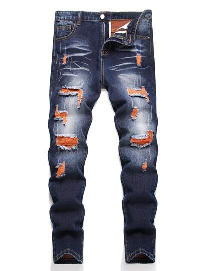 Teen Boy Dark Blue & Orange Distressed Straight Leg Jeans