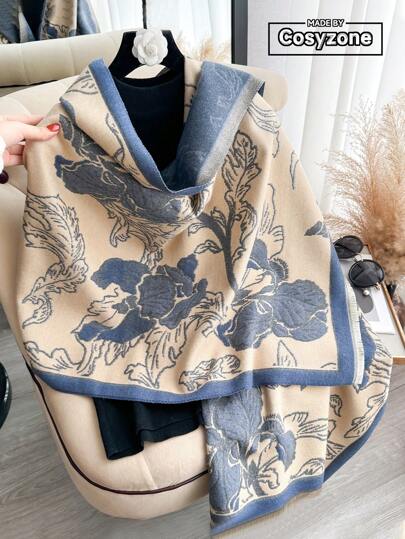 1pc New Vintage Elegant Floral Jacquard Faux Cashmere Warm Scarf For Women, Fashionable Versatile Shawl For Autumn/Winter, Suitable For Accessory And Decor