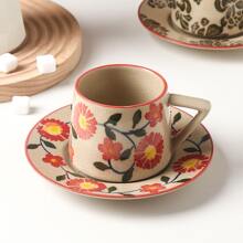 Juego de taza de café y platillo con estampado floral, taza de té de la tarde con acabado agrietado y creativo, taza de café con leche vintage, taza minimalista de oficina vuelta al colegio