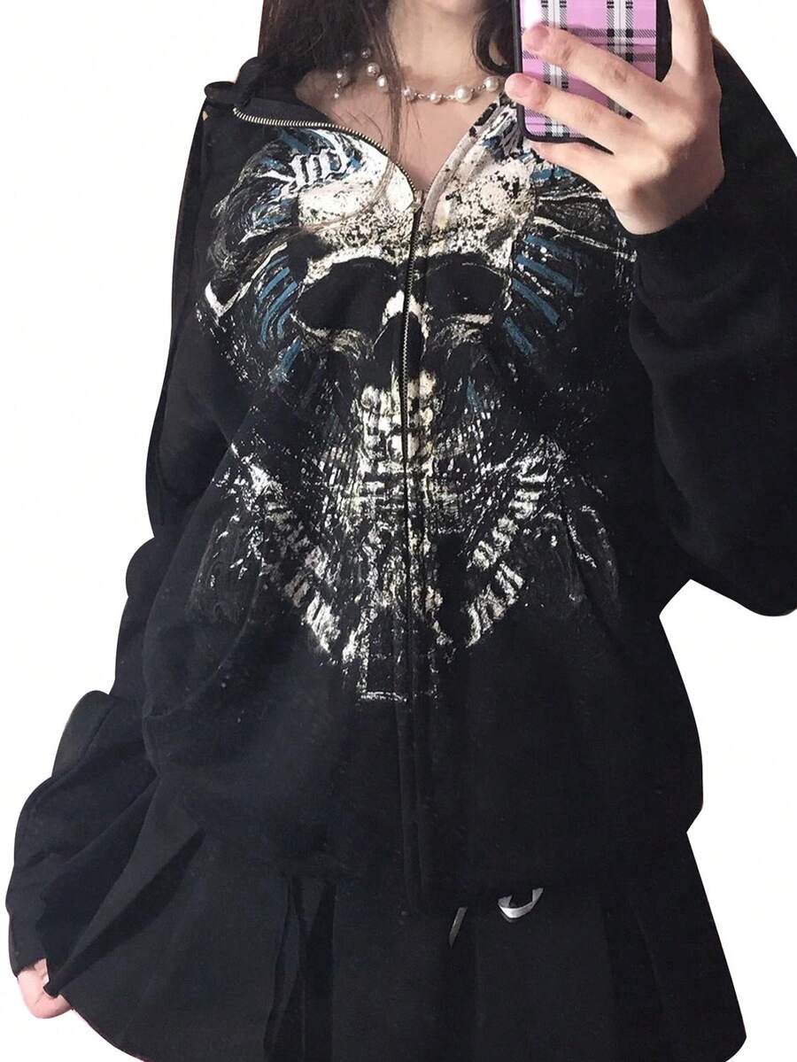Women Retro Skull Print Long Sleeve Hooded Sweatshirt For Autumn