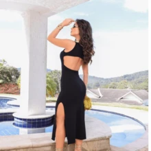 Long Cinnamon Dress With Opening At The Back And Slit At The Leg - 黑色 - 查看 2