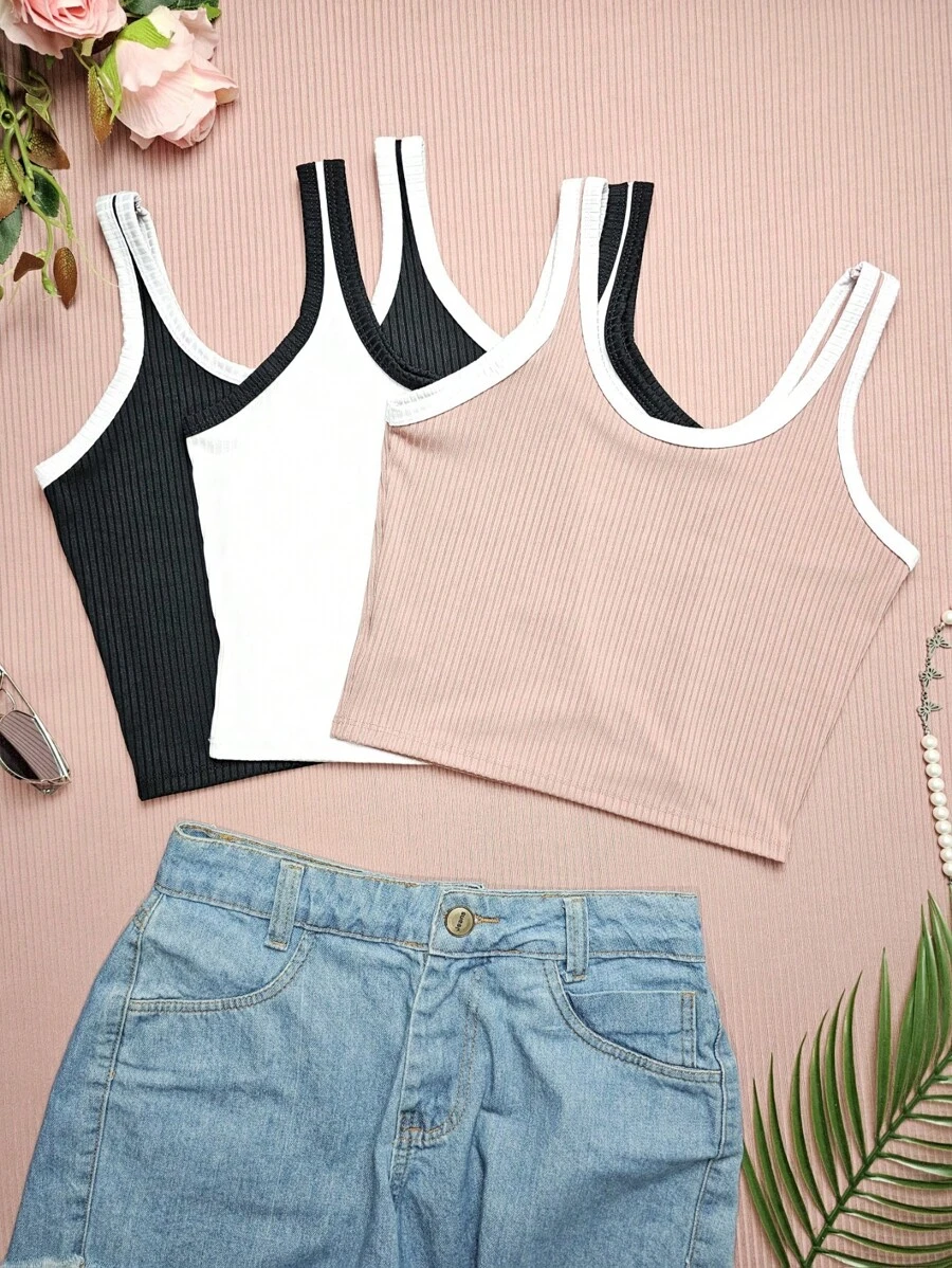 KIT3 TOP Cropped Simple Basic Ribbed Knit - 粉色 - 查看 1