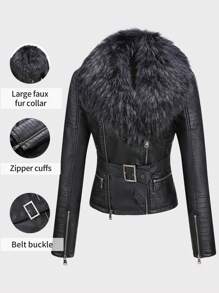 Borg Collar Belted PU Leather Biker Jacket - Black - View 2