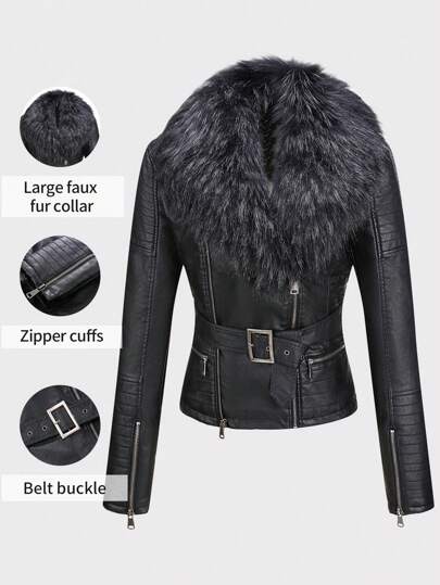 Borg Collar Belted PU Leather Biker Jacket