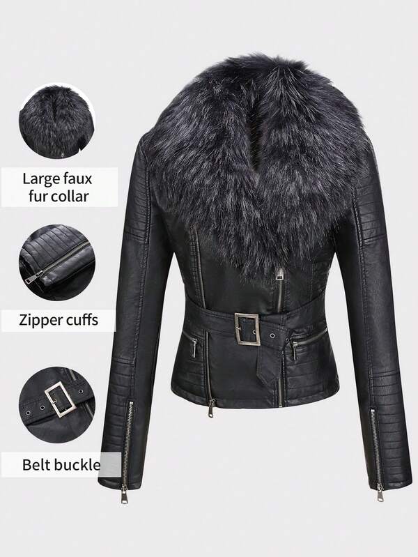 Giolshon damjacka i konstläder för höst/vinter, avtagbar pälskrage, jacka med konstpälskrage i motorcykelstil, levereras med bälte