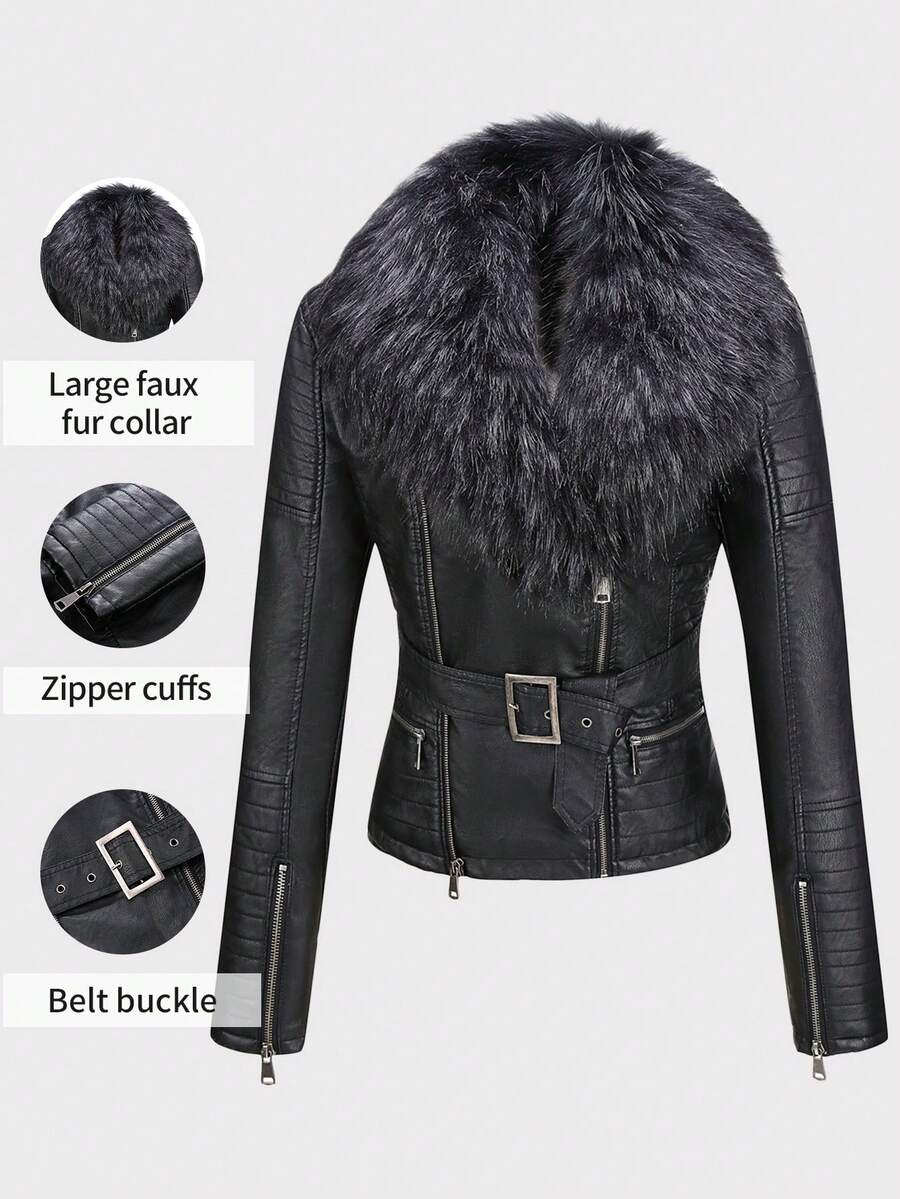 Borg Collar Belted PU Leather Biker Jacket