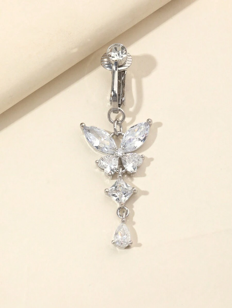1pc Silver Non-Piercing Butterfly Fake Belly Button Piercing Clip On Fake Piercing Suitable For Daily Wear By Women - Silver - View 1