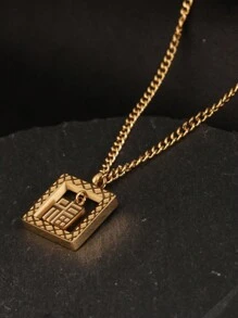 1件不锈钢方形雕刻“福”字项链，18K镀金中国风长方形“福”字纹理吊坠，适合女士参加派对和日常佩戴 - 金色 - 查看 6