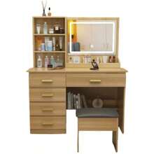 Modern Compact Dressing Table With Mirror 5 Drawers 4 Shelves Led - 卡其色 - 查看 8
