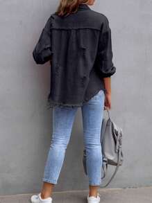 Women's Ripped Distressed Denim Jacket Long Sleeve Button Down Boyfriend Jean Coat Trucker Jacket - Black - View 6