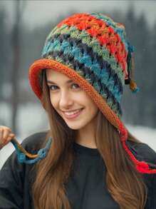 1 Bohemian Women's Rainbow Colored Knitted Hat, Autumn And Winter Tassel, Striped Crochet Knitted Hat, Is An Ideal Choice For Dressing Up Oneself