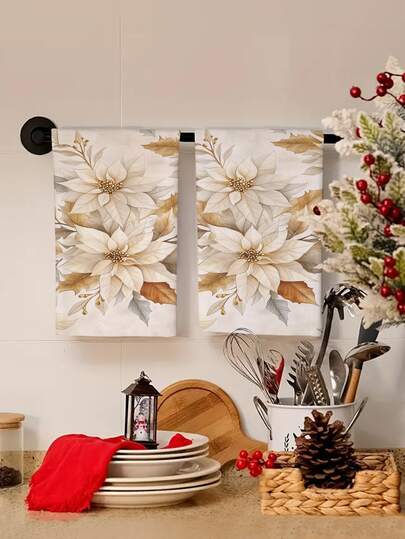 2pcs Gold Christmas Flower Kitchen Towel, Bathroom Hand Towel, Dishcloth, Kitchen & Dining Table Decor, Seasonal Home Indoor & Outdoor Party Supplies, Bedroom Decoration, Suitable For Kitchen Decor And Christmas Decoration