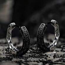 1 par de pendientes con contraste de color negro texturado y plateado, diseño sencillo y de moda, regalo para hombres - Retro - Ver 9