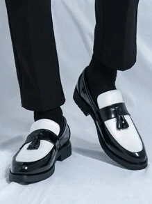 Men's Tassel Thick Sole Slip-On Formal Black Dress Shoes, Suitable For Groom Wedding, Hair Stylist, Party, Banquet, Prom - 黑與白 - 查看 4