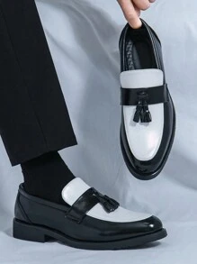 Men's Tassel Thick Sole Slip-On Formal Black Dress Shoes, Suitable For Groom Wedding, Hair Stylist, Party, Banquet, Prom - 黑與白 - 查看 2