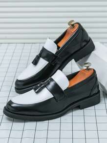 Men's Tassel Thick Sole Slip-On Formal Black Dress Shoes, Suitable For Groom Wedding, Hair Stylist, Party, Banquet, Prom - 黑與白 - 查看 6