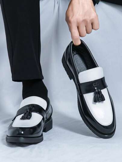 Mocasines de vestir con borlas negras y suela gruesa para hombres - Zapatos formales de vestir con cierre deslizante para novio, boda, fiesta, banquete, baile de graduación y peluquero