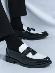 Men's Tassel Thick Sole Slip-On Formal Black Dress Shoes, Suitable For Groom Wedding, Hair Stylist, Party, Banquet, Prom - 黑與白 - 查看 3