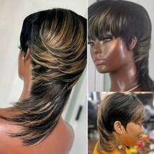 Mullet Wig Pixie Cut Wigs Human Hair For Women Shaggy Layered 70s 80s 90s Mullet Wigs With Bangs For Women Natural Black Wolfcut Straight Wig - S1/27 - View 1