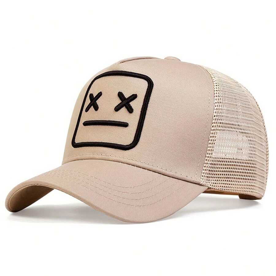 1Piece Men XX Expression Embroidered Net Cap Baseball Cap Outdoor Adjustable Sunscreen Casual Cap Suitable For Spring And Autumn Travel Seaside Vacation - 卡其色 - 查看 1