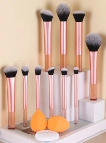 15pcs Makeup Brush Set, Including Powder Brush, Blush Brush, Highlighter Brush, Eyeshadow Brush, Eyelash Brush, Eyeliner Brush, Angled Foundation Brush, Round Foundation Brush, Round Powder Puff, Triangle Powder Puff, Triangle Makeup Sponge For Loose Powder, Makeup Sponge For Liquid Foundation Mixing, Beauty Makeup Tools