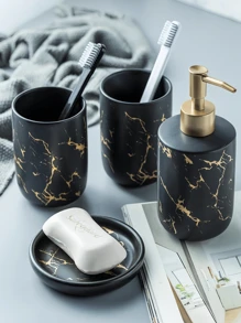 北歐輕奢大理石紋陶瓷漱口杯子刷牙杯牙刷杯托盤款洗手間洗漱四件套裝衛浴用品-家居禮品衛浴旅行禮物-牙杯-漱口杯-船型肥皂盒-乳液瓶-沐浴露瓶-洗髮水瓶-分格牙刷杯-整潔收納-按壓設計沐浴洗髮瓶油墊式吸管設計-洗髮精瓶-分格牙刷杯-整潔收納-按壓設計沐浴洗髮精瓶油管式吸管設計-無毛邊毛邊小屋