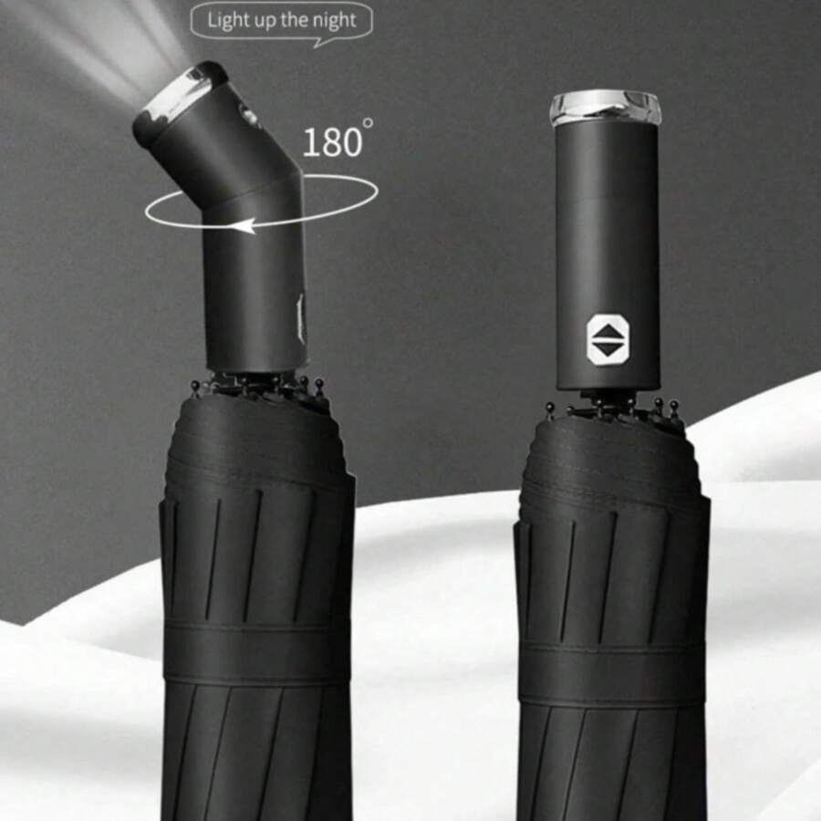 Paraguas linterna LED giratorio tríptico totalmente automático,1 paraguas automático con linterna - Blanco y Negro - Ver 1