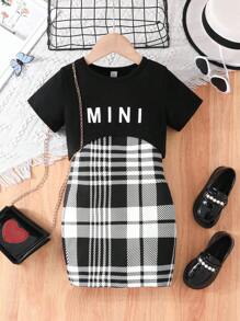 Young Girl 2pcs/Set Letter Printed Crop Top And Plaid Slip Dress - Black - View 4