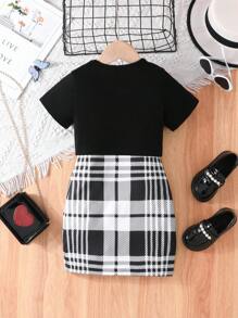 Young Girl 2pcs/Set Letter Printed Crop Top And Plaid Slip Dress - Black - View 5