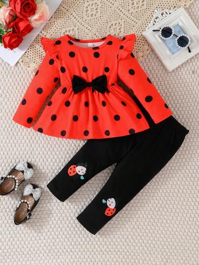 2 sztuki/zestaw dla dziewczynek, swobodny, słodki, z kokardą w kropki, z długim rękawem, top i spodnie z nadrukiem w postaci kreskówkowej biedronki
