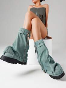 Punk Goth Women Combat Boots Metal Chunky Heel Platfrom Fold Over Boots Metal Denim Mid Calf Sexy Cool Fashion Shoes - 藍色 - 查看 5