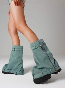 Punk Goth Women Combat Boots Metal Chunky Heel Platfrom Fold Over Boots Metal Denim Mid Calf Sexy Cool Fashion Shoes - 藍色 - 查看 3