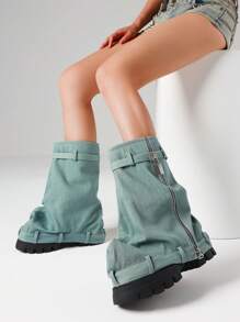 Punk Goth Women Combat Boots Metal Chunky Heel Platfrom Fold Over Boots Metal Denim Mid Calf Sexy Cool Fashion Shoes - 藍色 - 查看 4