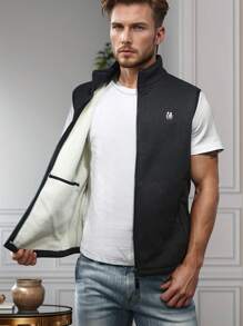 Herren Thermofutter Weste, stehender Kragen, ärmelloses Strickjacke, Winter - Schwarz - Übersicht 2