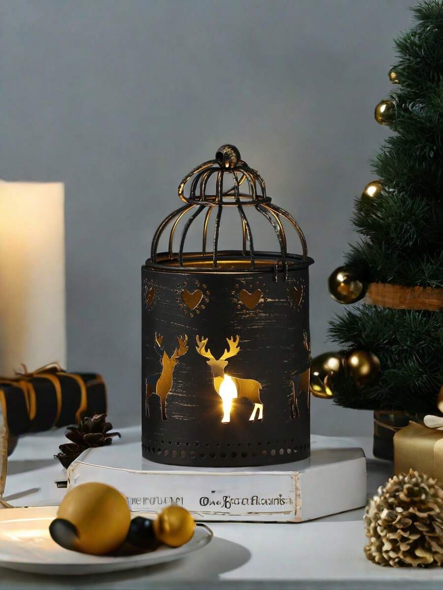 1 chiếc chân nến lồng chim và hươu phong cách Bắc Âu bằng sắt, đồ trang trí trung tâm bàn lãng mạn, đồ trang trí Giáng sinh (Không bao gồm nến) - Nhiều màu - Xem 1