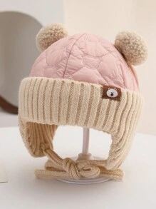 1 件装婴儿可爱熊绒球护耳针织冬季无檐便帽