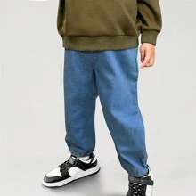 2024 新款男童柔软针织慢跑裤，儿童春秋季休闲牛仔校园运动长裤 - 淺色水洗藍 - 查看 1