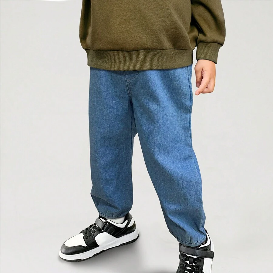 2024 新款男童柔软针织慢跑裤，儿童春秋季休闲牛仔校园运动长裤 - 淺色水洗藍 - 查看 1