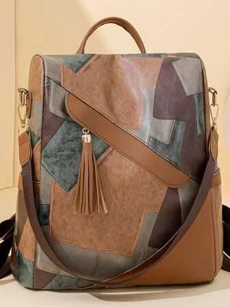 Mochila de gran capacidad con bloqueo de color a prueba de robo para mujeres, adecuada para laptop, viaje, escuela, estilo casual de calle