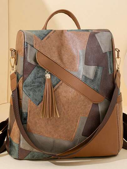 Mochila antirroubo de grande capacidade da moda Colorblock para mulheres, adequada para laptop, viagem, escola, estilo casual de rua