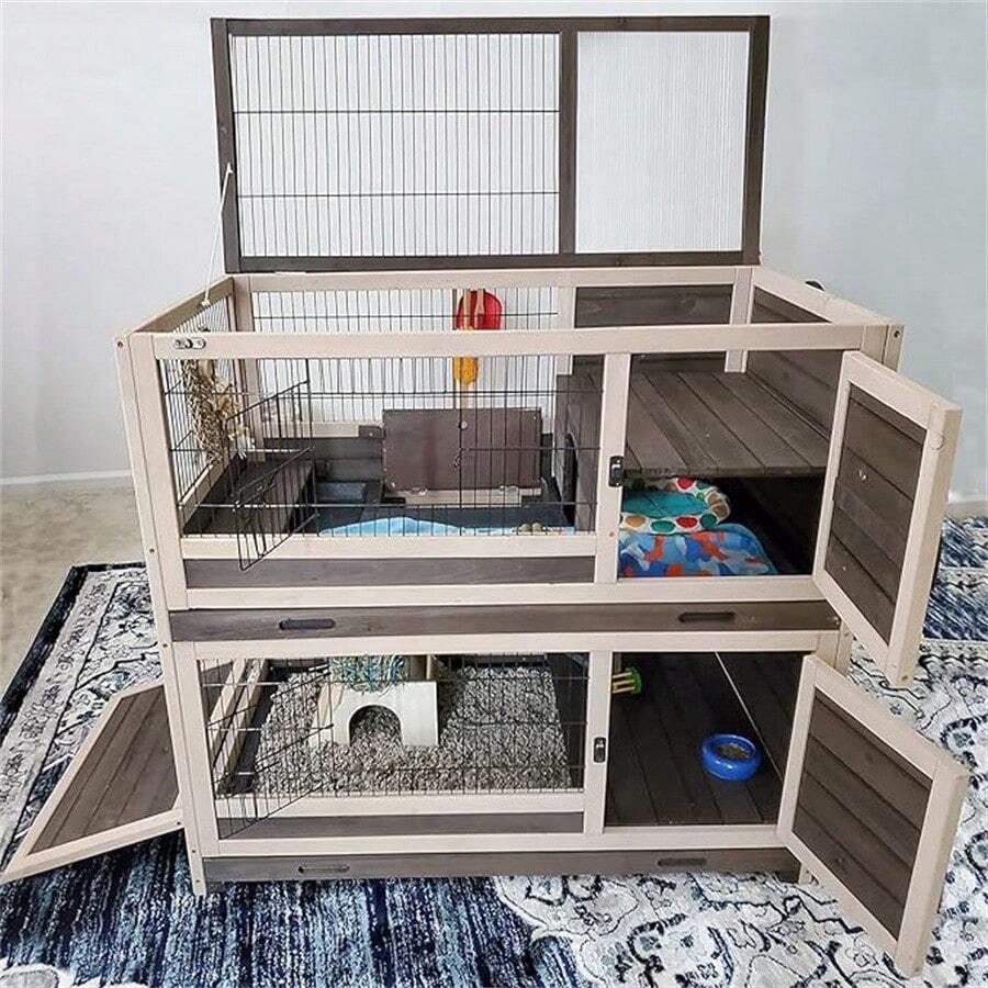 Rabbit Hutch Large Bunny House Two Story With Trap Door, Indoor Outdoor Small Animal Cage With