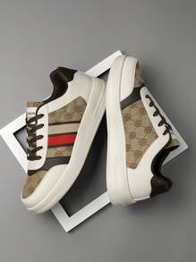 男士时尚撞色字母图案系带前平底设计休闲运动鞋，百搭户外舒适低帮运动/训练鞋 - 米棕 - 查看 7