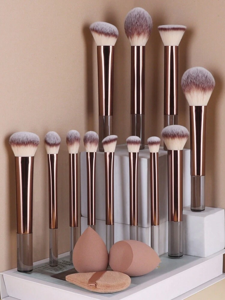 15pcs Makeup Brush Set, Including Powder Brush, Blush Brush, Highlighter Brush, Eyeshadow Brush, Lash Brush, Eyeliner Brush, Angled Makeup Sponge, Round Makeup Sponge, Round Powder Puff, Triangle Powder Puff, Triangle Makeup Sponge For Powder, Liquid Foundation Mixing, Beauty Makeup Tools,Brush Set,Makeup Brush Kit,Make Up Brush Set,Make Up Set Complete,Makeup Brush Set,Complete Makeup Kit,Brush Kit,Brushes Makeup Set,Makeup Gift Set,Set - Coffee Brown - View 15