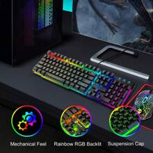 HOOPOND Wired Mechanical Feel Gaming Keyboard And Mouse Set Rainbow LED 104 Keys USB Illuminated Light Up Keyboard 2400DPI 6 Buttons Optical Gaming Mouse Mice+Gaming Mouse Pads For PS4 X Box PC Laptop,US LAYOUT - Black - View 9