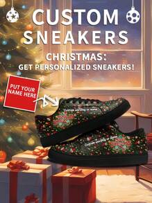 1 Pair Of Custom Christmas Gift Holiday Sandals With Personalized Name, Customized Santa Photo Sneakers, Custom Name Festive Sneakers, Unique Sneakers With Holiday Design, Tailored Photo Sneakers, Personalized Sneakers For Him And Her, Custom Casual Footwear, Ideal Christmas Gift For Mom/Dad/Her/Him/Girlfriend/Boyfriend/Wife/Husband/Friend. - Black - View 1