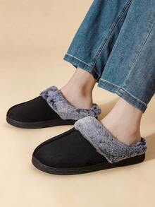 女士纯色软底毛绒拖鞋，室内防滑保暖平底家居鞋，适合冬季 - 黑色 - 查看 5