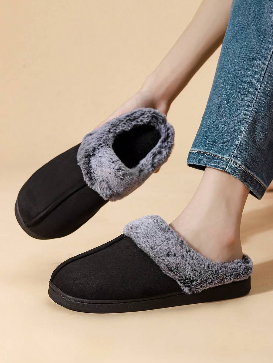 女士纯色软底毛绒拖鞋，室内防滑保暖平底家居鞋，适合冬季 - 黑色 - 查看 1