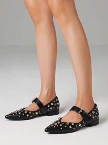 Rivit Punk Women Ballet Pumps Pointed Toe Block Heel Buckle Cool Fashion Dress Classic Girls Mary Jane Shoes - 黑色 - 查看 7