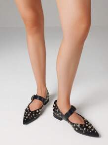 Rivit Punk Women Ballet Pumps Pointed Toe Block Heel Buckle Cool Fashion Dress Classic Girls Mary Jane Shoes - 黑色 - 查看 4