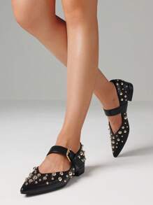 Rivit Punk Women Ballet Pumps Pointed Toe Block Heel Buckle Cool Fashion Dress Classic Girls Mary Jane Shoes - 黑色 - 查看 6